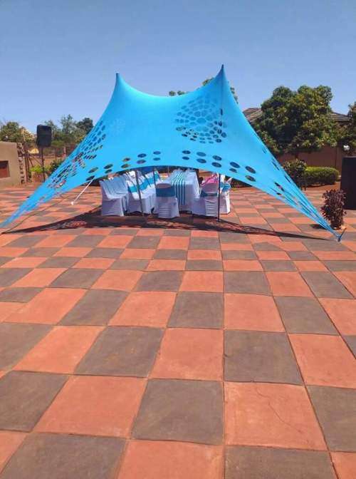 4 Way Stretch Polyester Decor Tent - Non Waterproof - 5mx5m - Design, Poles + Binding Optional