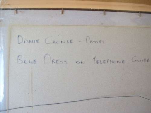 BLUE DRESS - ON TELEPHONE GUIDE - PASTEL PAINTING FRAMED BEHINED GLASS BY DANIE CRONJIE