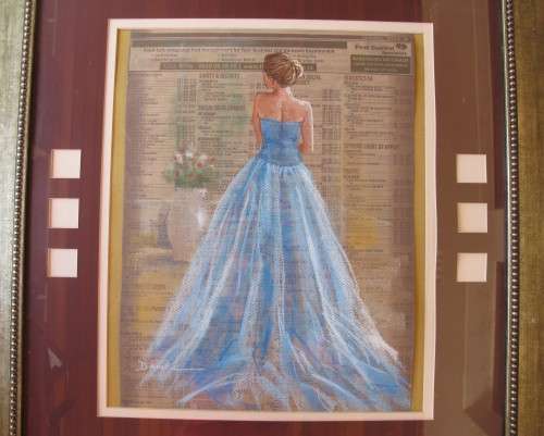 BLUE DRESS - ON TELEPHONE GUIDE - PASTEL PAINTING FRAMED BEHINED GLASS BY DANIE CRONJIE