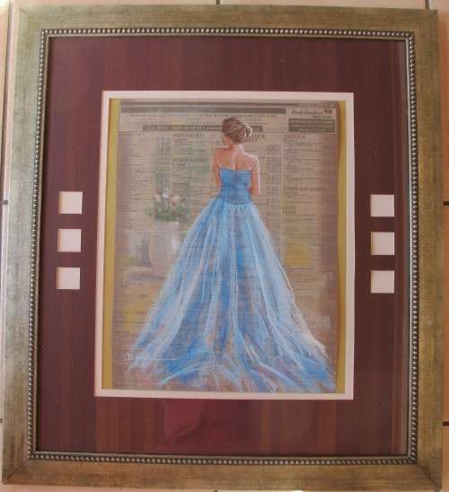 BLUE DRESS - ON TELEPHONE GUIDE - PASTEL PAINTING FRAMED BEHINED GLASS BY DANIE CRONJIE