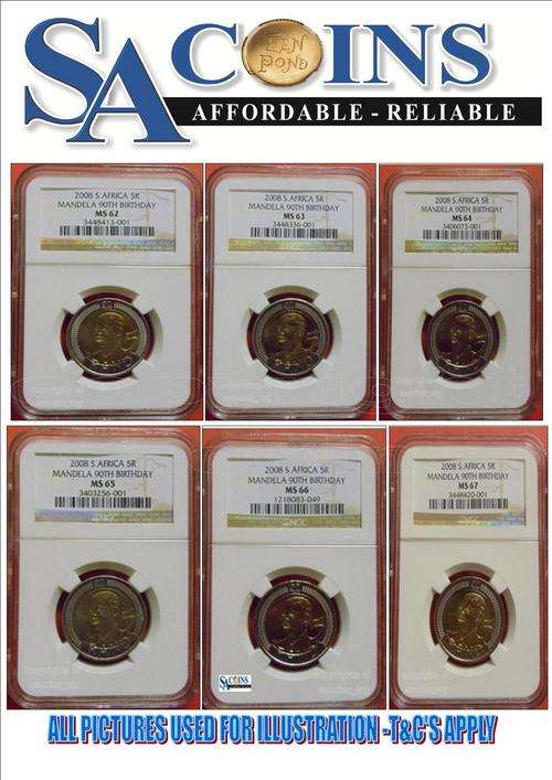 SET-1- 2008 MANDELA 90TH BIRTHDAY R5 COIN GRADED MS 62-63-64-65-66-67-ALL 6 COINS NGC GRADED