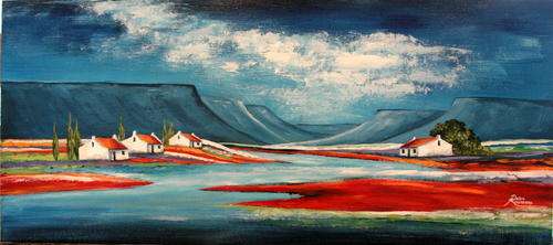 DEBRA ROUSSEAU  " Overberg Houses 16" Original direct from artist 900x400mm LOW MARK DOWN PRICE !