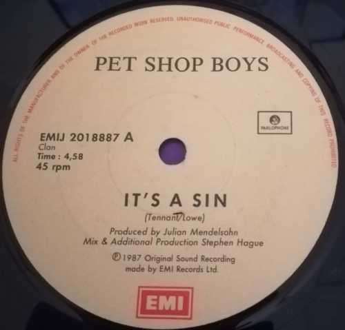 PET SHOP BOYS - IT`S A SIN 45RPM RECORD