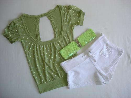 gorgeous YDE top and shorts with green sequince belt!