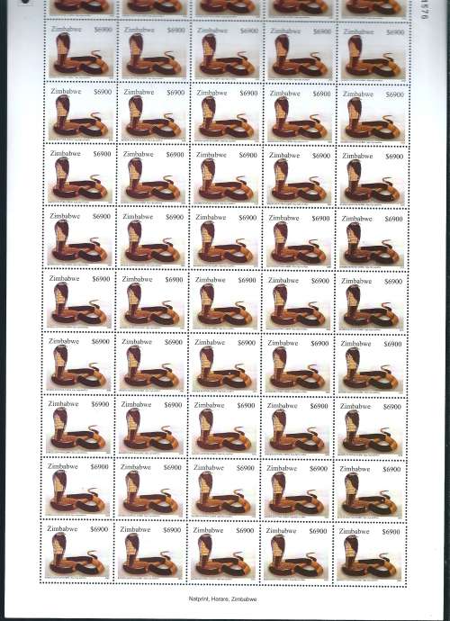 2005 Snakes of Zimbabwe Full Sheet of 50 stamps