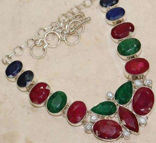 208 Carat Ruby,Emerald,Sapphire,Biwa Pearl & 925 Solid Sterling Silver Necklace