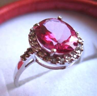 FINE GENUINE PINK TOPAZ AND DIAMOND RING SOLID 9KT WHITE GOLD