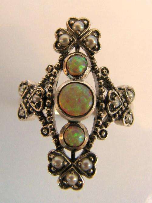 Real green opal and pearl solid sterling silver ring