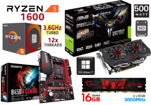 Gaming PC - Ryzen 5 1600, Gigabyte B450M Gaming, 16GB G.Skill 3000 MHz, GTX 960, 500W PSU, 128GB SSD