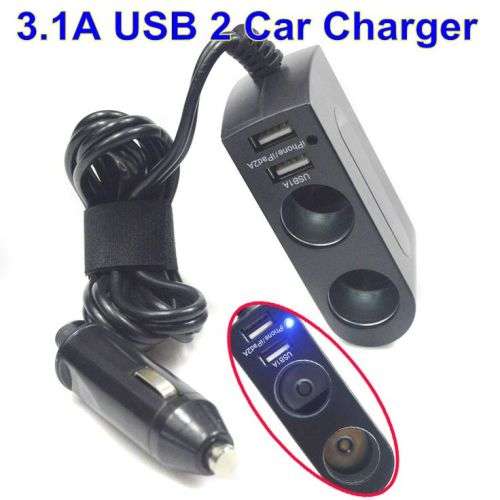 DC 12V 3.1A Dual USB Cigarette Extended Car Charger - Black