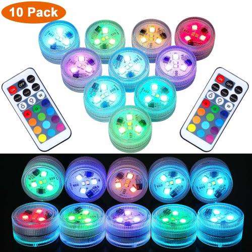 10PC Underwater LED Tea Lights, Submersible RGB Multicolor Waterproof DECOR lights