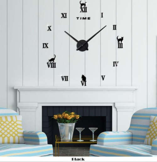 3D DIY BLACK ROMAN WALL CLOCK WITH CATS