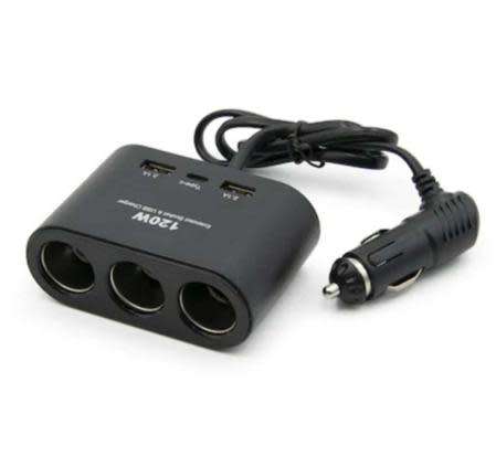 120W Triple socket + 2 USB + type C Car Charger Adaptor