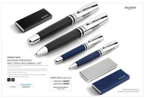 Balmain Grenoble Ball Pen & Rollerball Set - Black (PENSET-1608)
