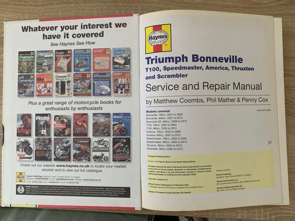 Triumph Bonneville, T100, Speedmaster, America, Thruxton & Scrambler Service & Repair Manual