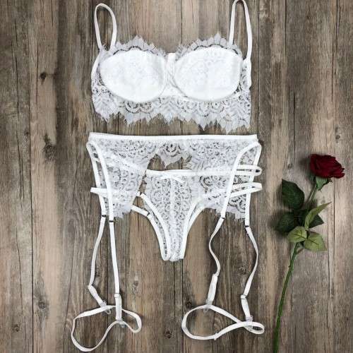 Madrid Balconette Lingerie Set with Garter - White