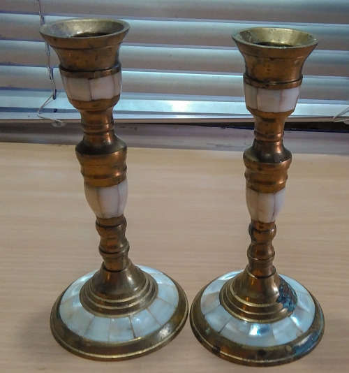 Brass candlesticks with mother of pearl inlay