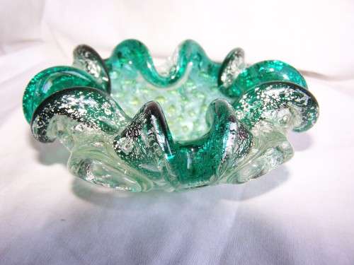 GREEN MURANO GLASS ASHTRAY WITH SILVER INLAY
