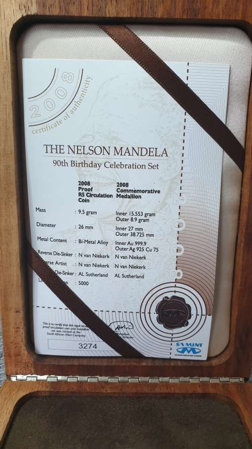 2008 MANDELA 90TH BIRTHDAY CELEBRATION SET 1/2 OZ GOLD AND 8.9 G SILVER MEDALLION WITH PROOF R5 CERT