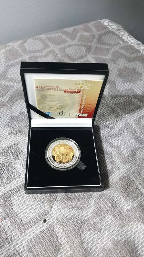 2011 SARB 90TH ANNIVERSARY 24 CARAT GOLD PLATED BI COLOR R5 CERT NO:4431