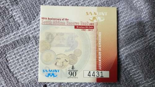 2011 SARB 90TH ANNIVERSARY 24 CARAT GOLD PLATED BI COLOR R5 CERT NO:4431