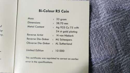 2011 SARB 90TH ANNIVERSARY 24 CARAT GOLD PLATED BI COLOR R5 CERT NO:4431