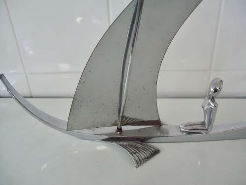 ART DECO HAGANAUER "LADY IN BOAT" METAL FIGURE - CIRCA 1930's AUSTRIA