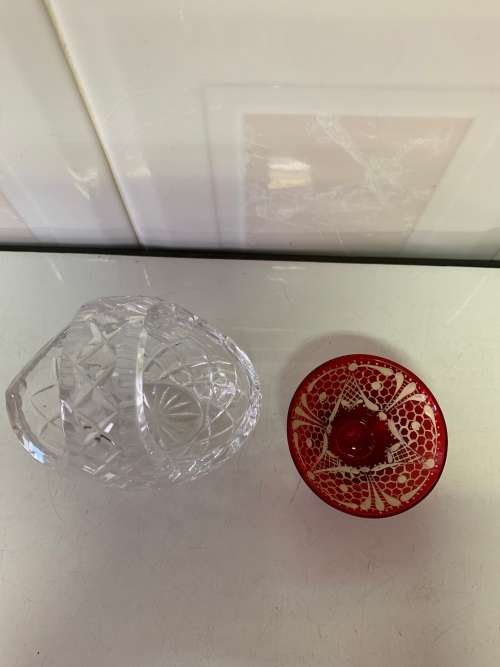 CRYSTAL BASKET VASE & RED GLASS MINIATURE VASE
