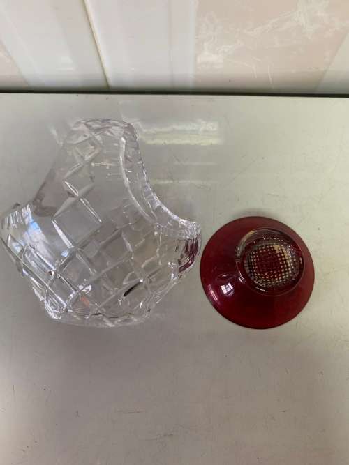 CRYSTAL BASKET VASE & RED GLASS MINIATURE VASE