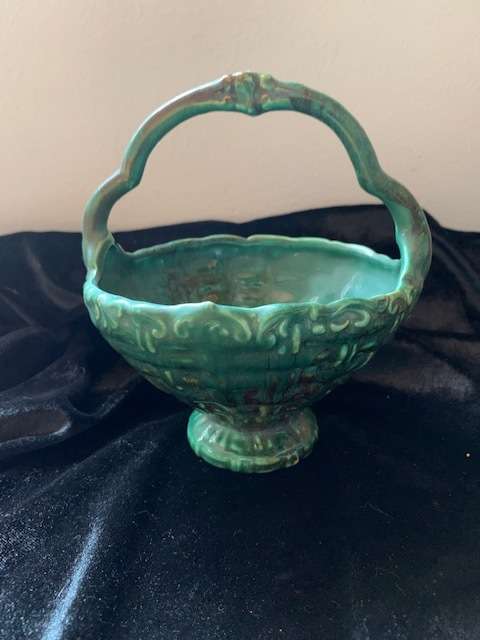 LUCIA WARE MOTTLED GREEN BASKET NO. 380 STAMPED AND LABELLED