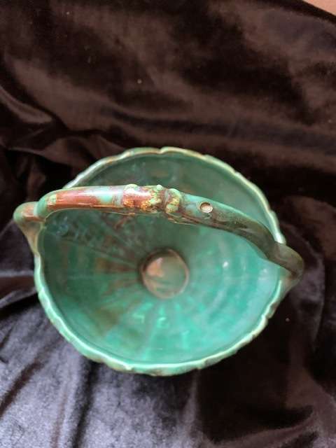 LUCIA WARE MOTTLED GREEN BASKET NO. 380 STAMPED AND LABELLED
