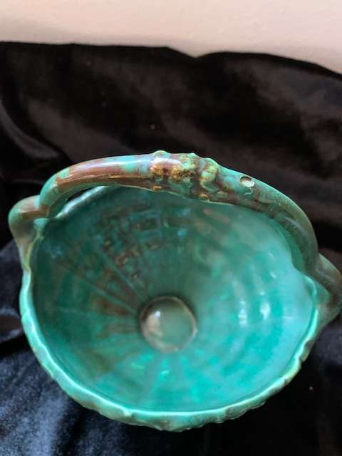 LUCIA WARE MOTTLED GREEN BASKET NO. 380 STAMPED AND LABELLED