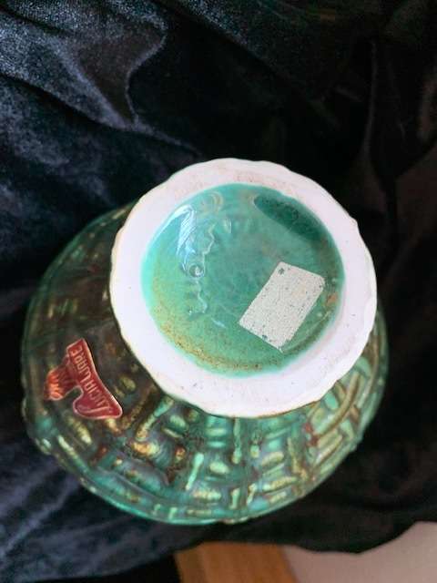 LUCIA WARE MOTTLED GREEN BASKET NO. 380 STAMPED AND LABELLED