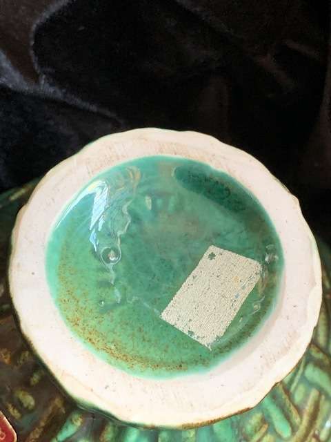 LUCIA WARE MOTTLED GREEN BASKET NO. 380 STAMPED AND LABELLED