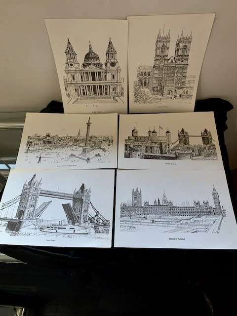 SKETCH PRINTS X 6 OF FAMOUS STRUCTURES IN LONDON
