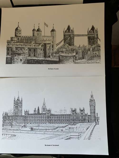 SKETCH PRINTS X 6 OF FAMOUS STRUCTURES IN LONDON