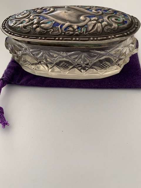 HALLMARK SILVER BIRMINGHAM CIRCA 1910 ENAMEL OVAL LID AND HOBNAIL TRINKET DISH
