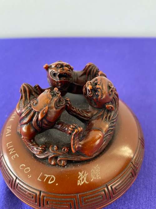 CHINESE FOO DOGS LIDDED TRINKET BOWL ADVERTISING SHIPPING COMPANY