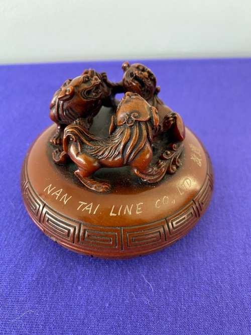 CHINESE FOO DOGS LIDDED TRINKET BOWL ADVERTISING SHIPPING COMPANY