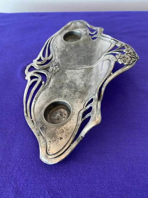 WMF GERMAN ART NOUVEAU INKWELL STAND MISSING GLASS LINERS