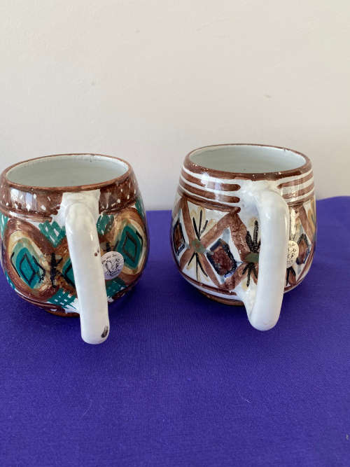 THE OLD JAR POTTERY SA TWO LARGE MUGS/JUGS STAMPED ON BASE AND ORIGINAL STICKER