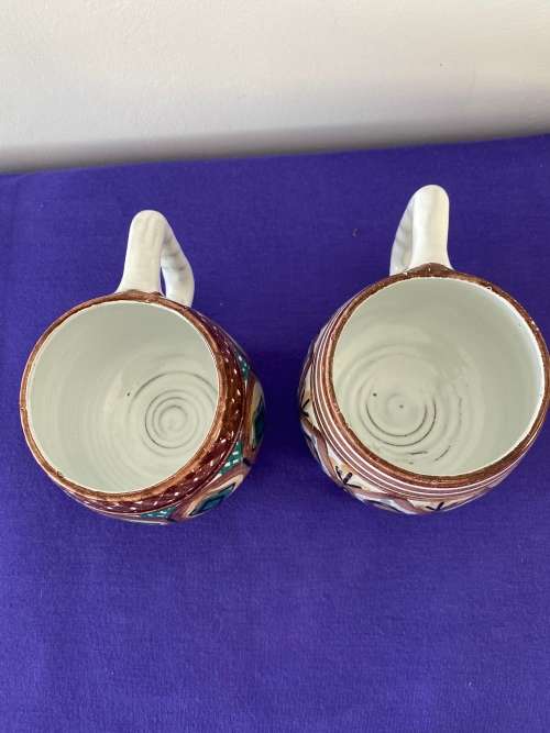 THE OLD JAR POTTERY SA TWO LARGE MUGS/JUGS STAMPED ON BASE AND ORIGINAL STICKER