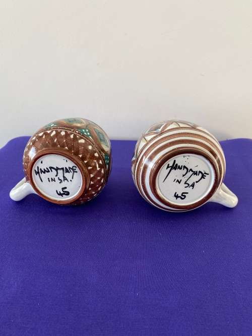 THE OLD JAR POTTERY SA TWO LARGE MUGS/JUGS STAMPED ON BASE AND ORIGINAL STICKER