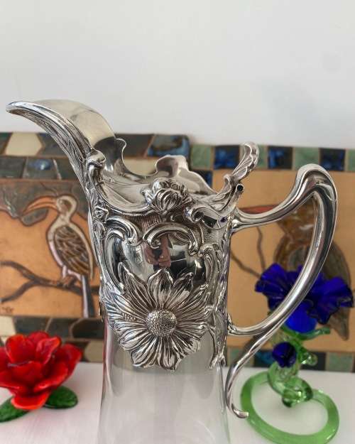 ANTIQUE ART NOUVEAU FRENCH SILVER 925 HALLMARK CRYSTAL CLARET JUG