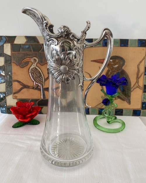 ANTIQUE ART NOUVEAU FRENCH SILVER 925 HALLMARK CRYSTAL CLARET JUG