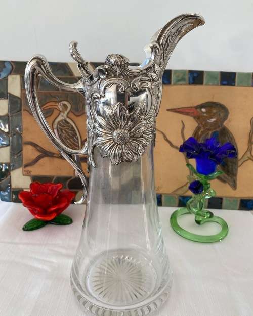 ANTIQUE ART NOUVEAU FRENCH SILVER 925 HALLMARK CRYSTAL CLARET JUG