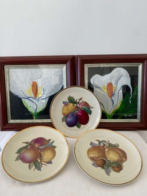 ROSENTHAL GERMANY PORCELAIN SIGNED EXOTIC FRUIT DECORATIVE GOLD RIMMED PLATES X 3