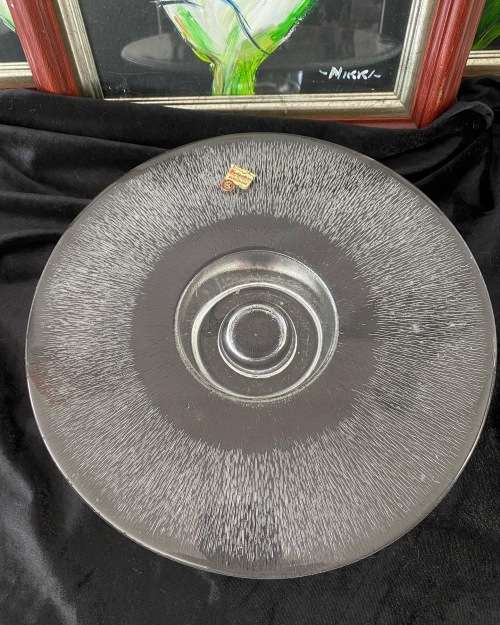 MID-CENTURY GERMAN STAMPED MUNGEBLASEN HANDGERBEITET GLASS CAKE PLATE STAND CENTREPIECE