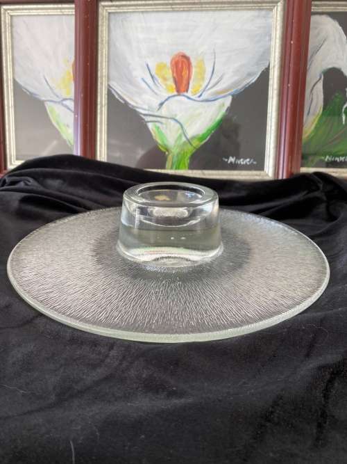 MID-CENTURY GERMAN STAMPED MUNGEBLASEN HANDGERBEITET GLASS CAKE PLATE STAND CENTREPIECE