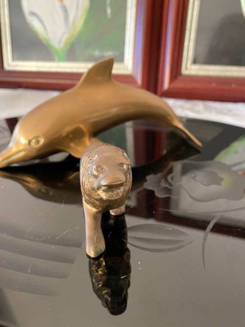 VINTAGE SOLID BRASS LARGE DOLPHIN and LION